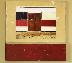 Mixed media artwork, a photo mounted to a section of door